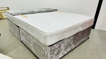 A MODERN GREY FAUX VELVET DOUBLE DIVAN AND MATCHING HEADBOARD TOGETHER WITH A COOLTOUCH MATTRESS.
