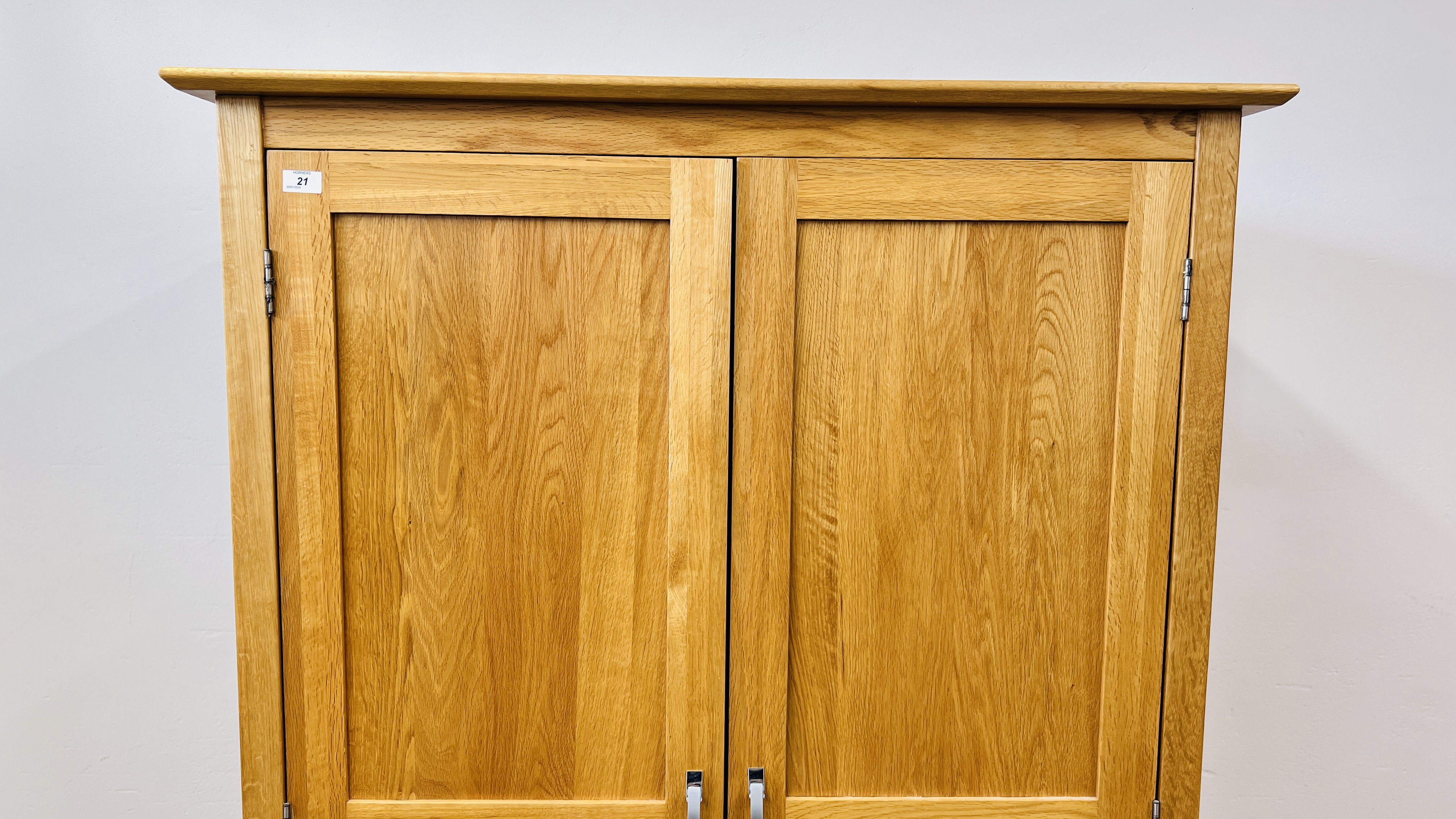 A SOLID LIGHT OAK DOUBLE WARDROBE WITH DRAWER TO BASE, W - 110CM, D - 60CM, H - 191CM. - Image 4 of 8