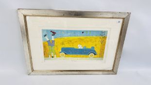 FRAMED AND MOUNTED ANNORA SPENCE LIMITED EDITION IV/XX PRINT "THE RACING CAR" 51CM X 28CM.