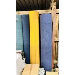 THREE CLEARANCE ROLLS OF CONTRACT CARPET BLUE, YELLOW, BLUE PATTERNED.