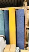 THREE CLEARANCE ROLLS OF CONTRACT CARPET BLUE, YELLOW, BLUE PATTERNED.