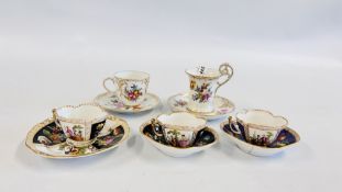 TWO FLORAL DECORATED CABINET CUPS AND SAUCERS MARKED DRESDEN ALONG WITH A FURTHER THREE CONTINENTAL