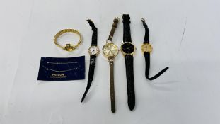 A GROUP OF FIVE WRIST WATCHES TO INCLUDE EXAMPLES MARKED CITIZEN AND RAYMOND WEIL ETC + A FINE 9CT