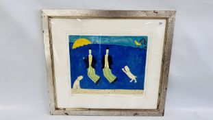 FRAMED AND MOUNTED ANNORA SPENCE LIMITED EDITION 37/175 PRINT "JUMPING MEN" 47CM X 38CM.