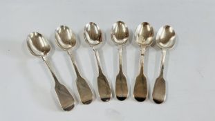 A SET OF SIX SILVER FIDDLE PATTERN DESSERT SPOONS, LONDON 1845 BY G. ADAMS.