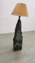 A NATURALISTIC SOLID GRANITE FLOOR STANDING LAMP, LAMP HEIGHT - 91CM, WIRING REMOVED.