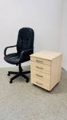 AN EXECUTIVE HOME OFFICE CHAIR ALONG WITH A BEECHWOOD FINISH 4 DRAWER HOME FILING UNIT.