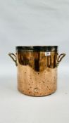 A LARGE ANTIQUE SOLID COPPER TWIN HANDLE COAL BUCKET, H 31CM X D 30.5CM.