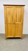 A SOLID LIGHT OAK DOUBLE WARDROBE, W - 103CM, D - 60CM, H - 191CM.