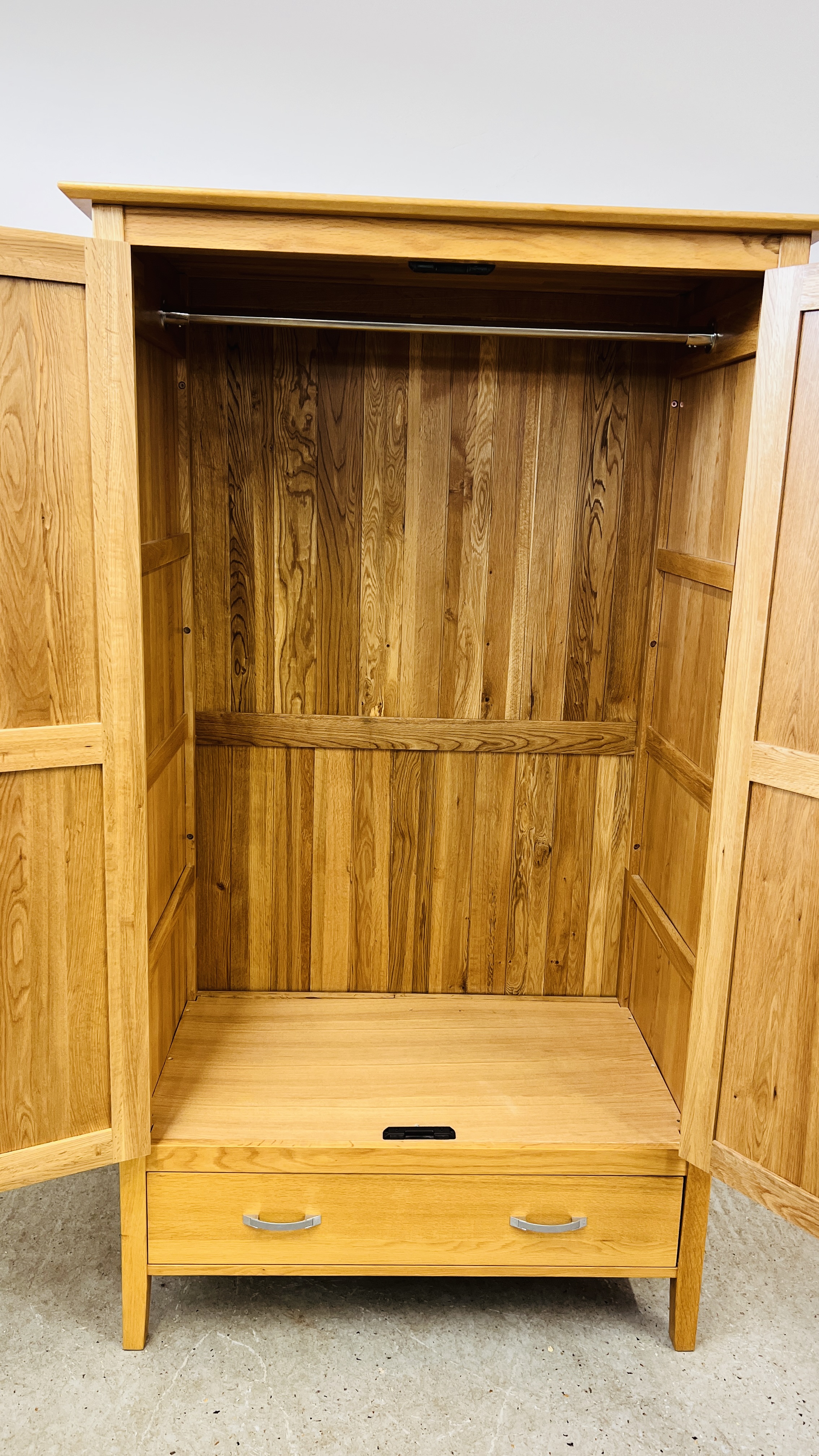 A SOLID LIGHT OAK DOUBLE WARDROBE WITH DRAWER TO BASE, W - 110CM, D - 60CM, H - 191CM. - Image 8 of 8