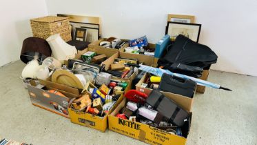 10 BOXES CONTAINING ASSORTED HOUSEHOLD SUNDRIES TO INCLUDE LAMPS, VAX HAND HELD VAC, BOOKS, TOASTER,