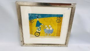 FRAMED AND MOUNTED ANNORA SPENCE LIMITED EDITION 95/175 PRINT "DOGS IN A PRAM" 47CM X 38CM.