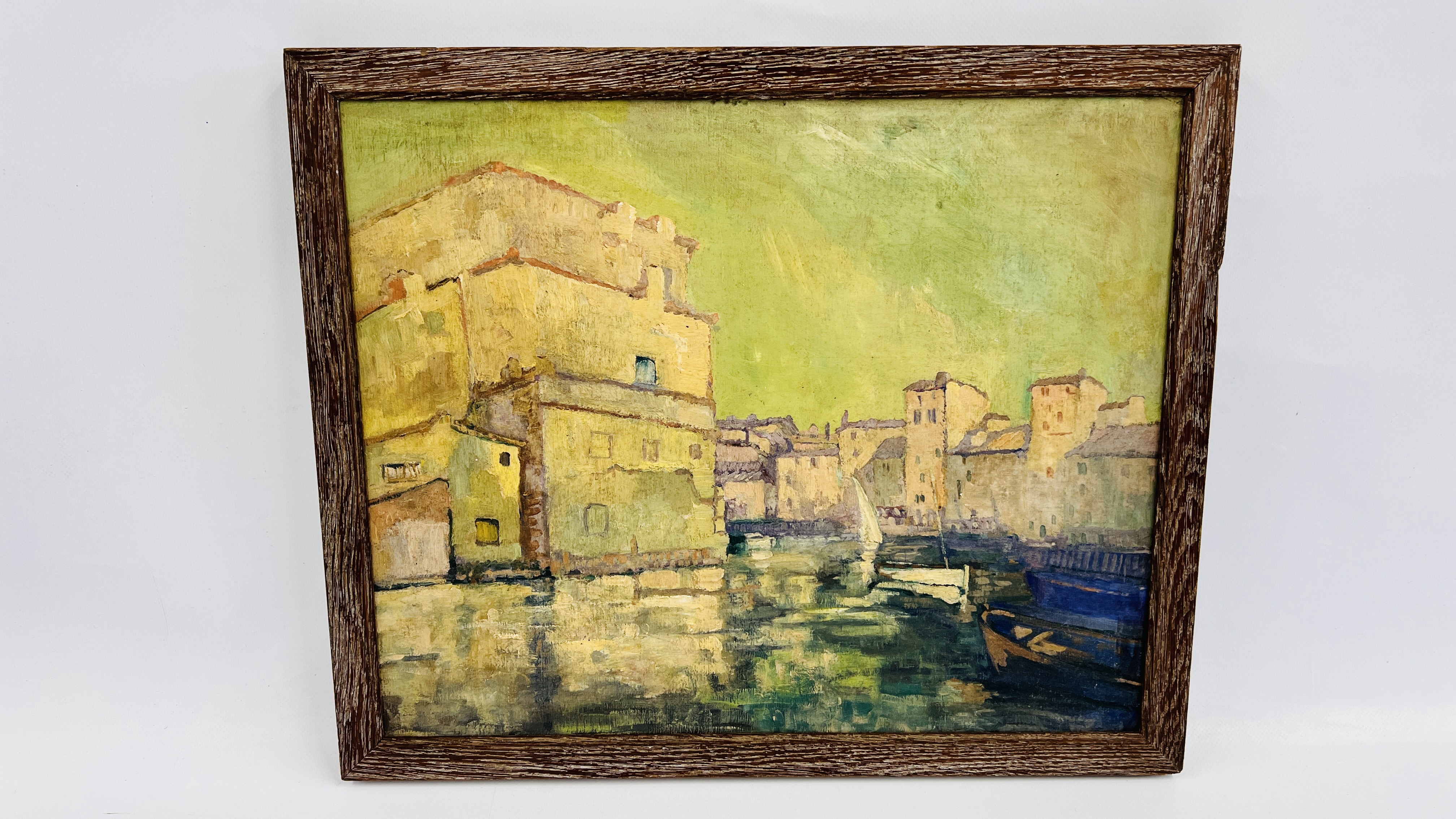 A C20TH ABSTRACT OIL ON BOARD OF HARBOUR SCENE 42CM X 34CM - NO SIGNATURE.