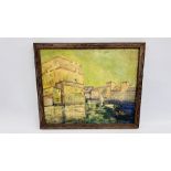 A C20TH ABSTRACT OIL ON BOARD OF HARBOUR SCENE 42CM X 34CM - NO SIGNATURE.