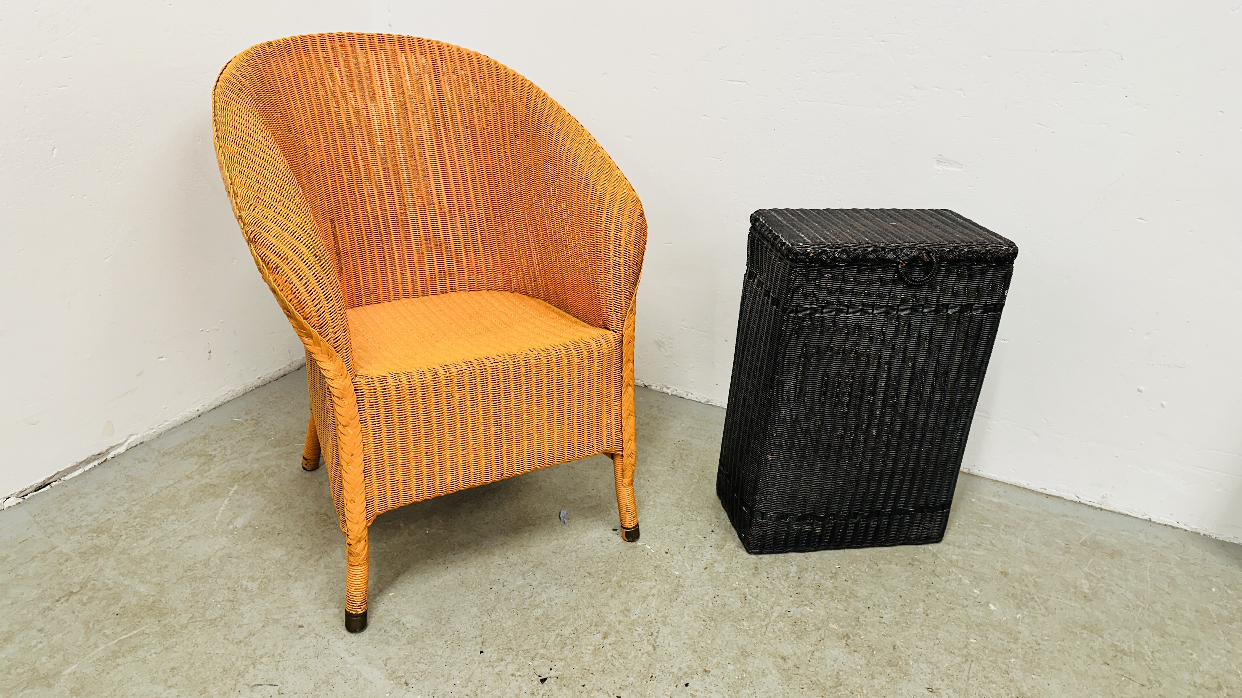 LLOYD LOOM ROLL ARM CHAIR AND LLOYD LOOM LINEN BOX.