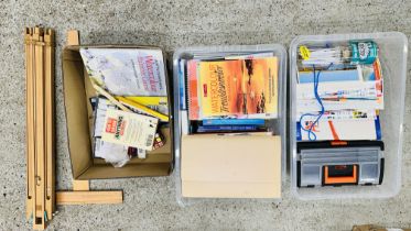 3 X BOXES CONTAINING A QUANTITY OF ART BOOKS AND MAGAZINES, FOLDING EASEL AND PAINTS, ETC.