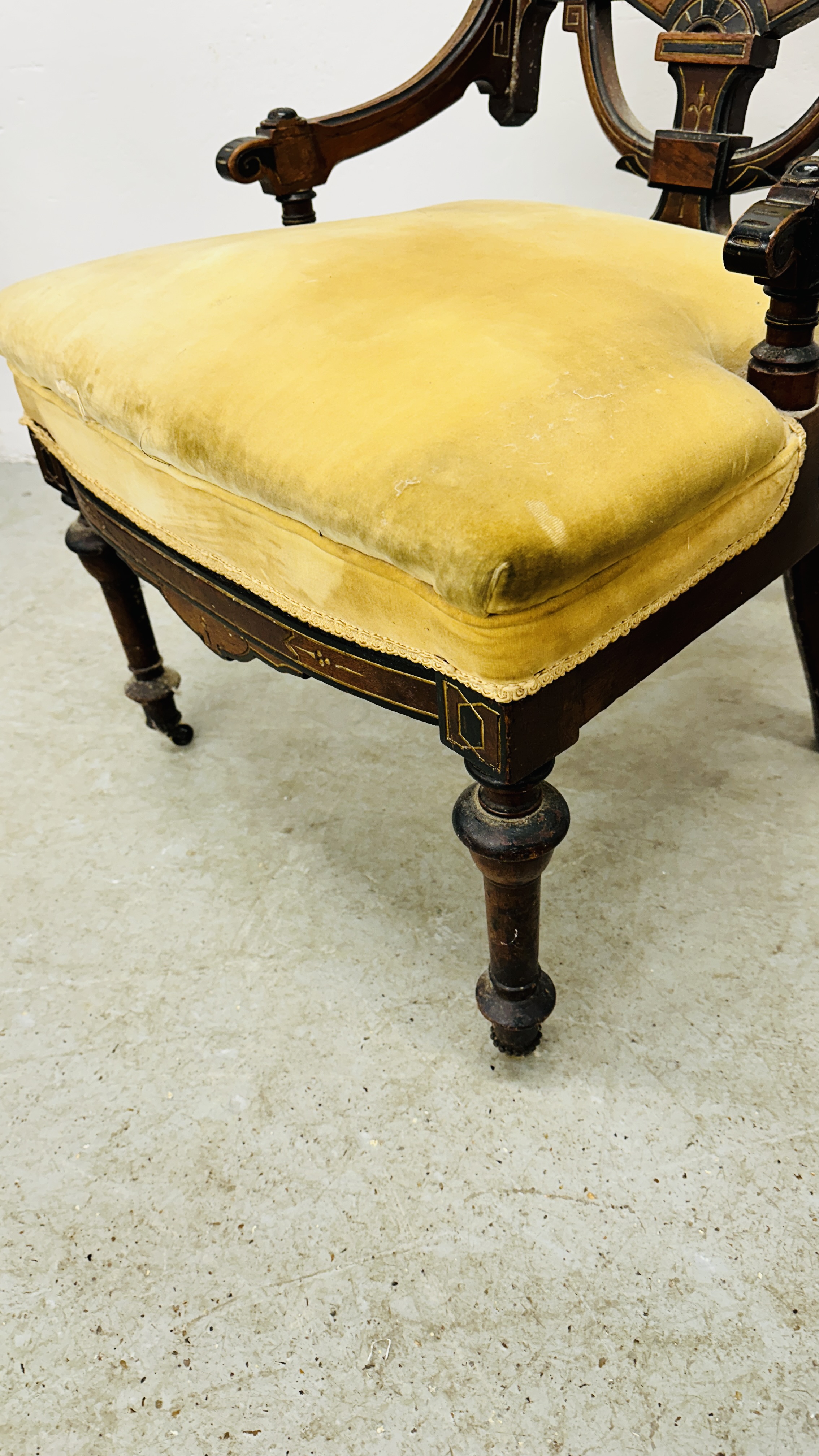 TWO ANTIQUE MAHOGANY SIDE CHAIRS WITH YELLOW UPHOLSTERED SEATS AND BACKS INCLUDING ELBOW WITH - Image 5 of 11