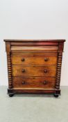 ANTIQUE MAHOGANY SCOTCH FOUR DRAWER CHEST WITH DETAILED PILLAR SUPPORTS - W 110CM X D 50CM X H