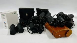 A BOX CONTAINING 8 PAIRS OF ASSORTED BINOCULARS TO INCLUDE MIRANDA,