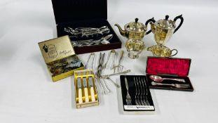 A 4 PIECE PLATED TEASET BOXED AND LOOSE CUTLERY + A VINTAGE KENSITAS CIGARETTE TIN AND CONTENTS TO