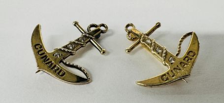 TWO SILVER CUNARD ANCHOR BROOCHES, SET WITH THREE DIAMONDS.