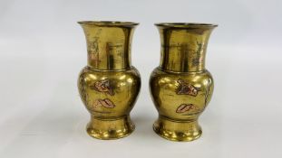 A PAIR OF JAPANESE MIXED METAL ANTIQUE VASES - H 16CM.