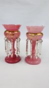 A PAIR OF VINTAGE VICTORIAN PINK GLASS LUSTRES - H 29CM.