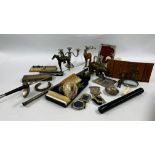 A BOX OF ASSORTED COLLECTIBLES TO INCLUDE A HARD STONE SWAN, BINOCULARS, VINTAGE CIGARETTE BOX,