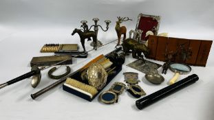 A BOX OF ASSORTED COLLECTIBLES TO INCLUDE A HARD STONE SWAN, BINOCULARS, VINTAGE CIGARETTE BOX,