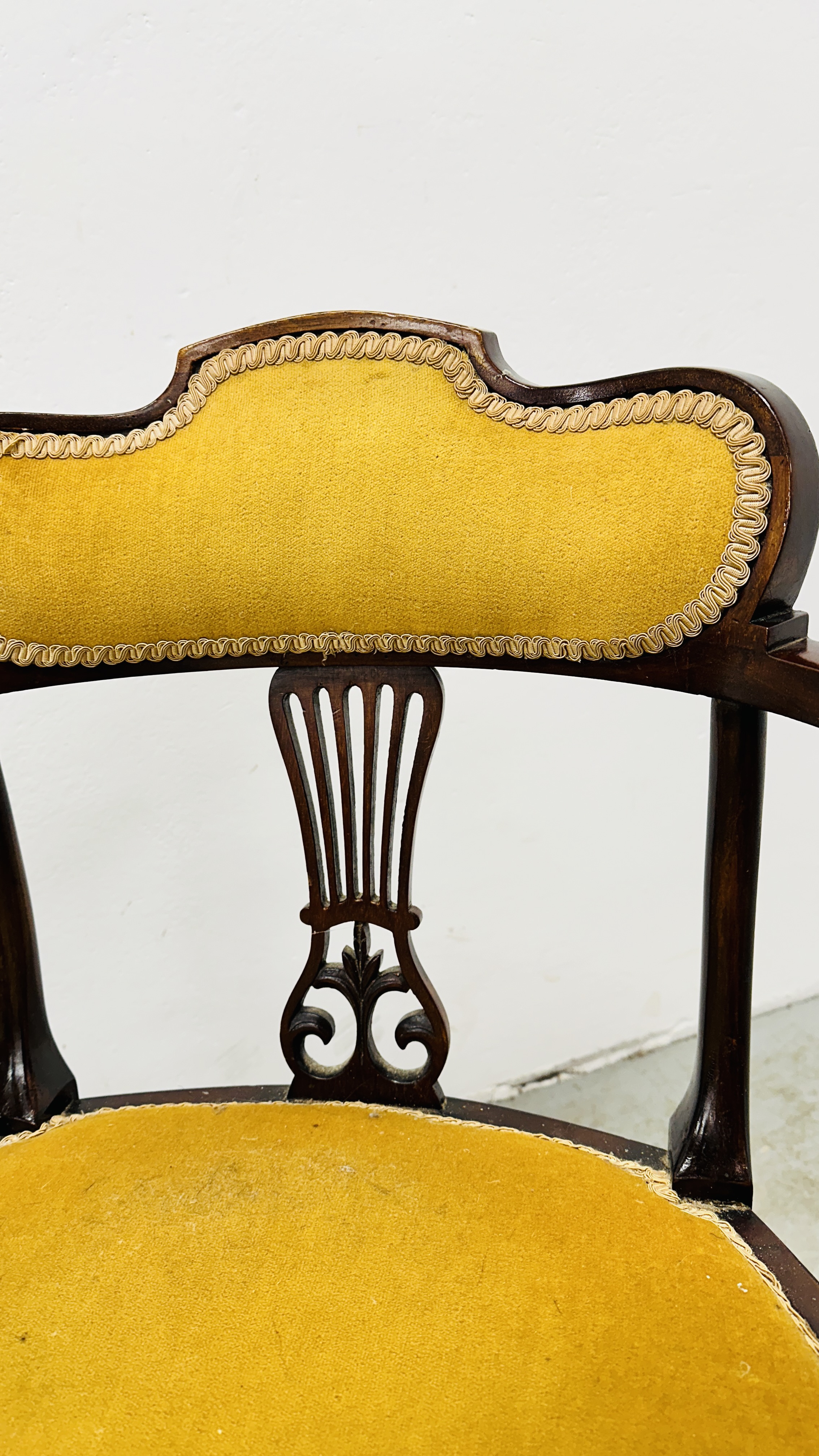 TWO ANTIQUE MAHOGANY SIDE CHAIRS WITH YELLOW UPHOLSTERED SEATS AND BACKS INCLUDING ELBOW WITH - Image 10 of 11