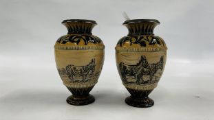 A PAIR OF DOULTON LAMBETH VASES INCISED WITH DONKEYS BY HANNAH BARLOW 1883 (MINOR CHIP TO RIM) 19CM
