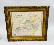 A FRAMED MAP OF 'A MAP OF CANAAN', REVERSE WITH GEORGE PAINE GRAY MAY 1842 - W 34 X D 29CM.