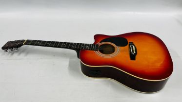 AN ENCORE GUITAR MODEL NO. ENC165EAR ALONG WITH COVER AND CARDBOARD BOX.