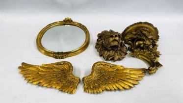 A PAIR OF REPRODUCTION GILT FINISH WINGS, REPRODUCTION GILT FINISH LIONS HEAD,