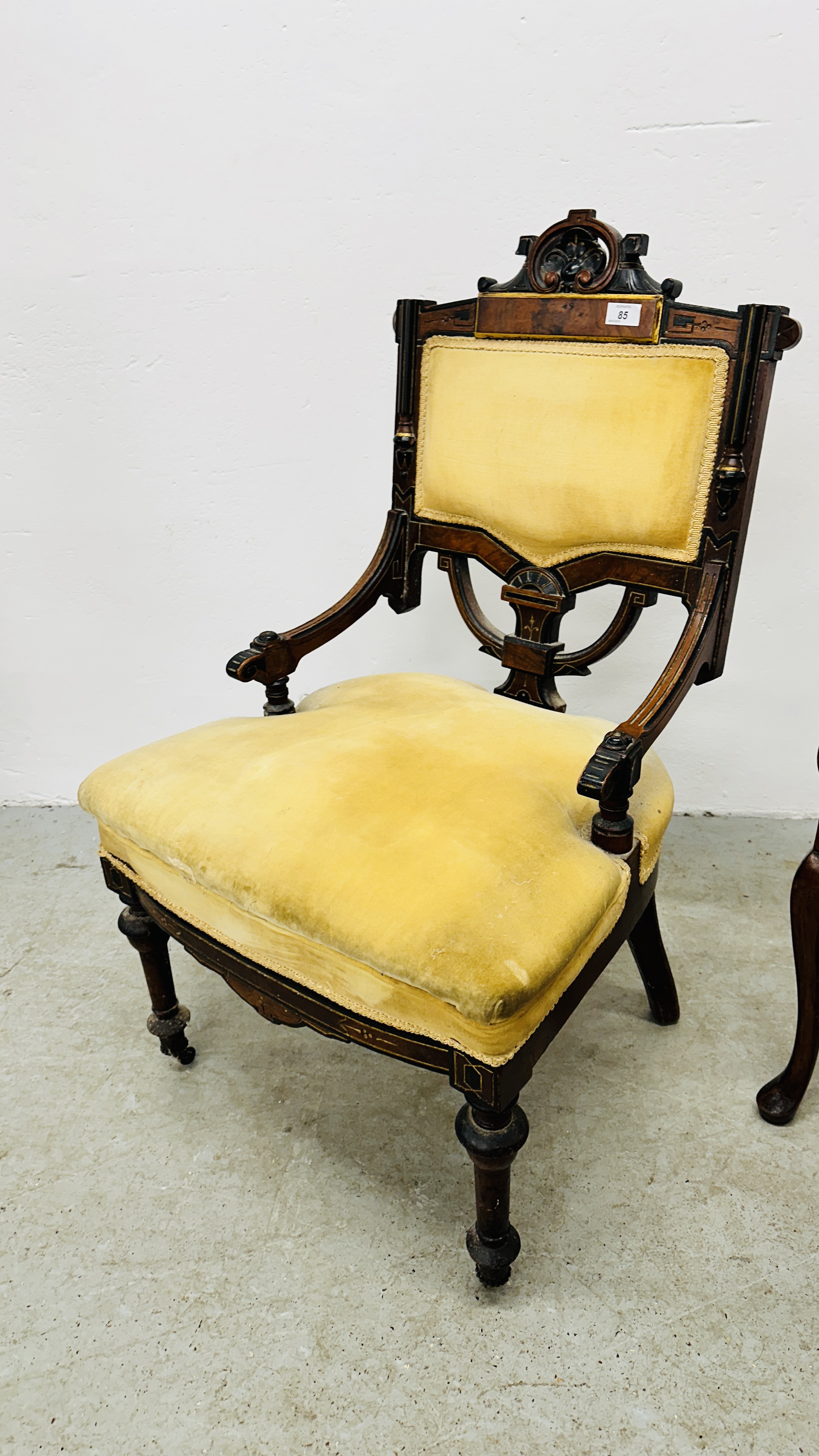 TWO ANTIQUE MAHOGANY SIDE CHAIRS WITH YELLOW UPHOLSTERED SEATS AND BACKS INCLUDING ELBOW WITH - Image 3 of 11