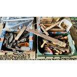 3 BOXES CONTAINING AN ASSORTMENT OF VINTAGE HAND TOOLS INCLUDING PLANES, CHISELS, SCREWDRIVERS,