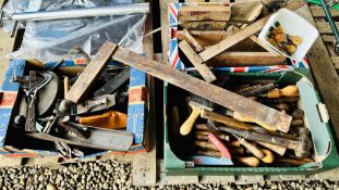 3 BOXES CONTAINING AN ASSORTMENT OF VINTAGE HAND TOOLS INCLUDING PLANES, CHISELS, SCREWDRIVERS,