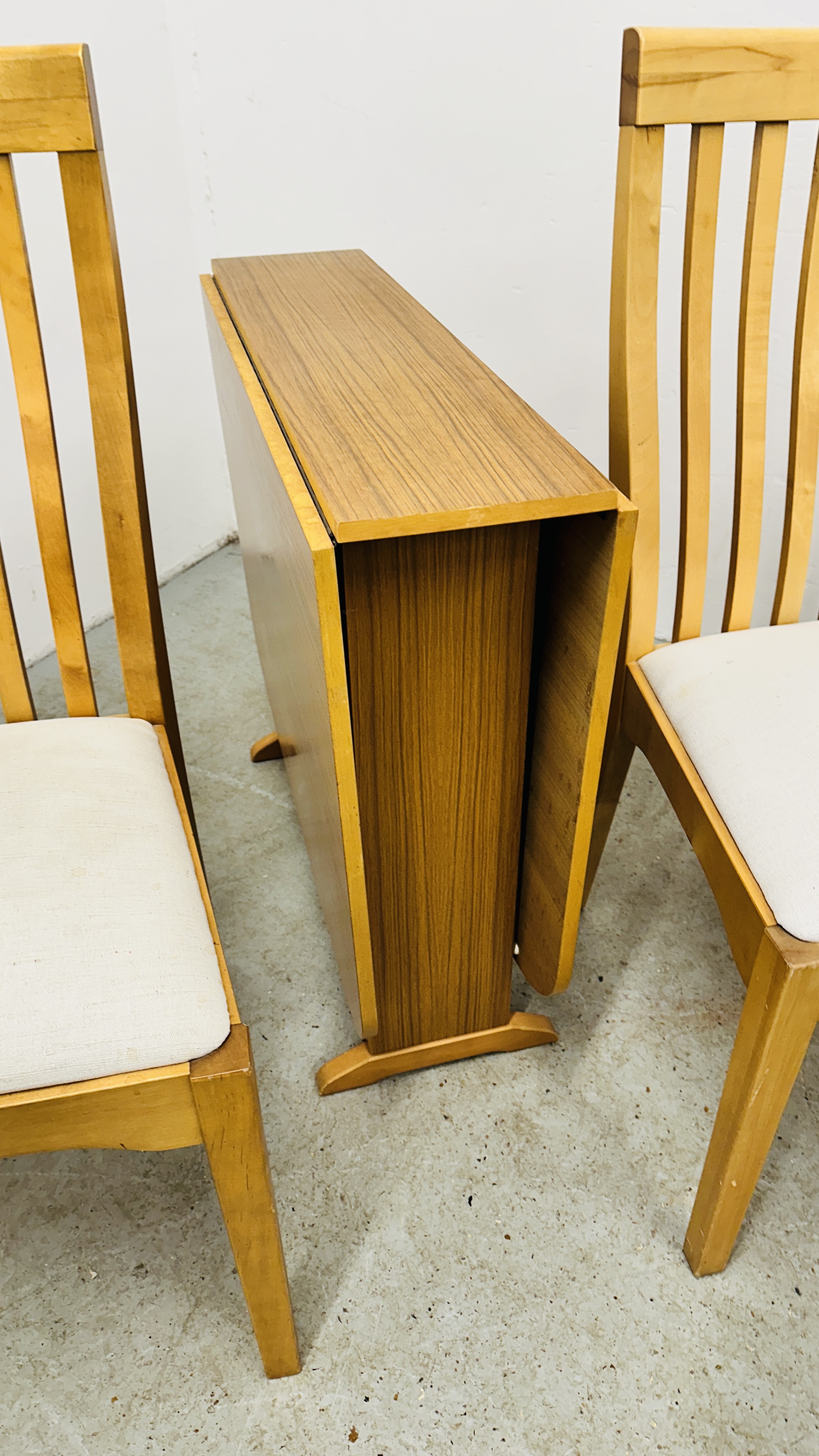 PAIR OF UPHOLSTERED SEATED BEECH WOOD DINING CHAIRS ALONG WITH A DROP FLAP LAMINATE TOPPED DINING - Image 4 of 5