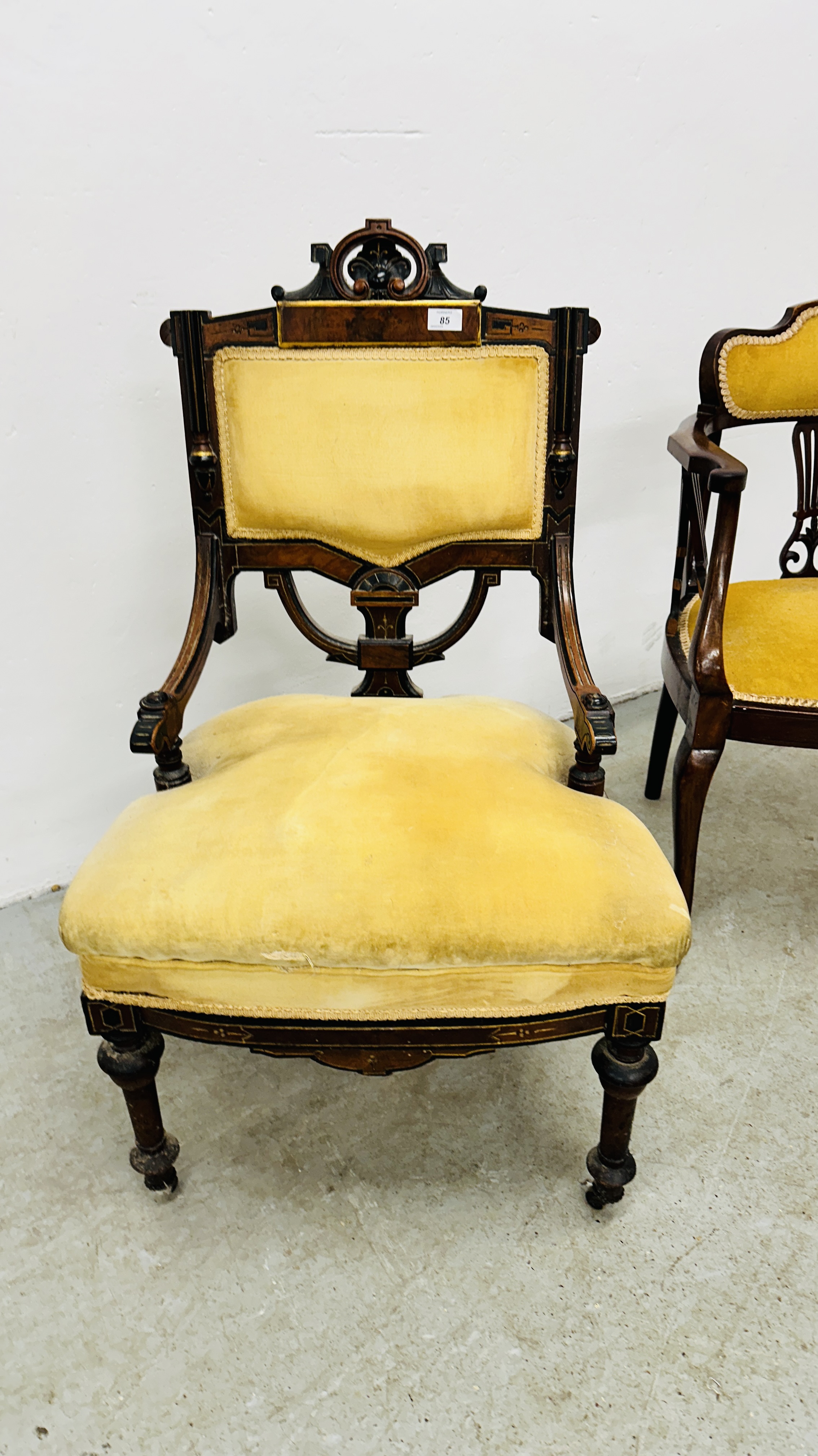 TWO ANTIQUE MAHOGANY SIDE CHAIRS WITH YELLOW UPHOLSTERED SEATS AND BACKS INCLUDING ELBOW WITH - Image 2 of 11