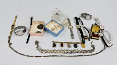 A GROUP OF VARIOUS WRIST WATCHES AND COSTUME JEWELLERY TO INCLUDE LORUS, LIMIT, PULSAR, SEKONDA,