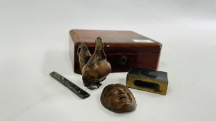 A JAPANESE LACQUER BOX WITH A COCKEREL AND A MASK AND OTHER ITEMS.