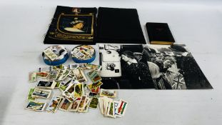 A GROUP OF ASSORTED TEA AND CIGARETTE CARDS AND TWO TINS OF STAMPS,