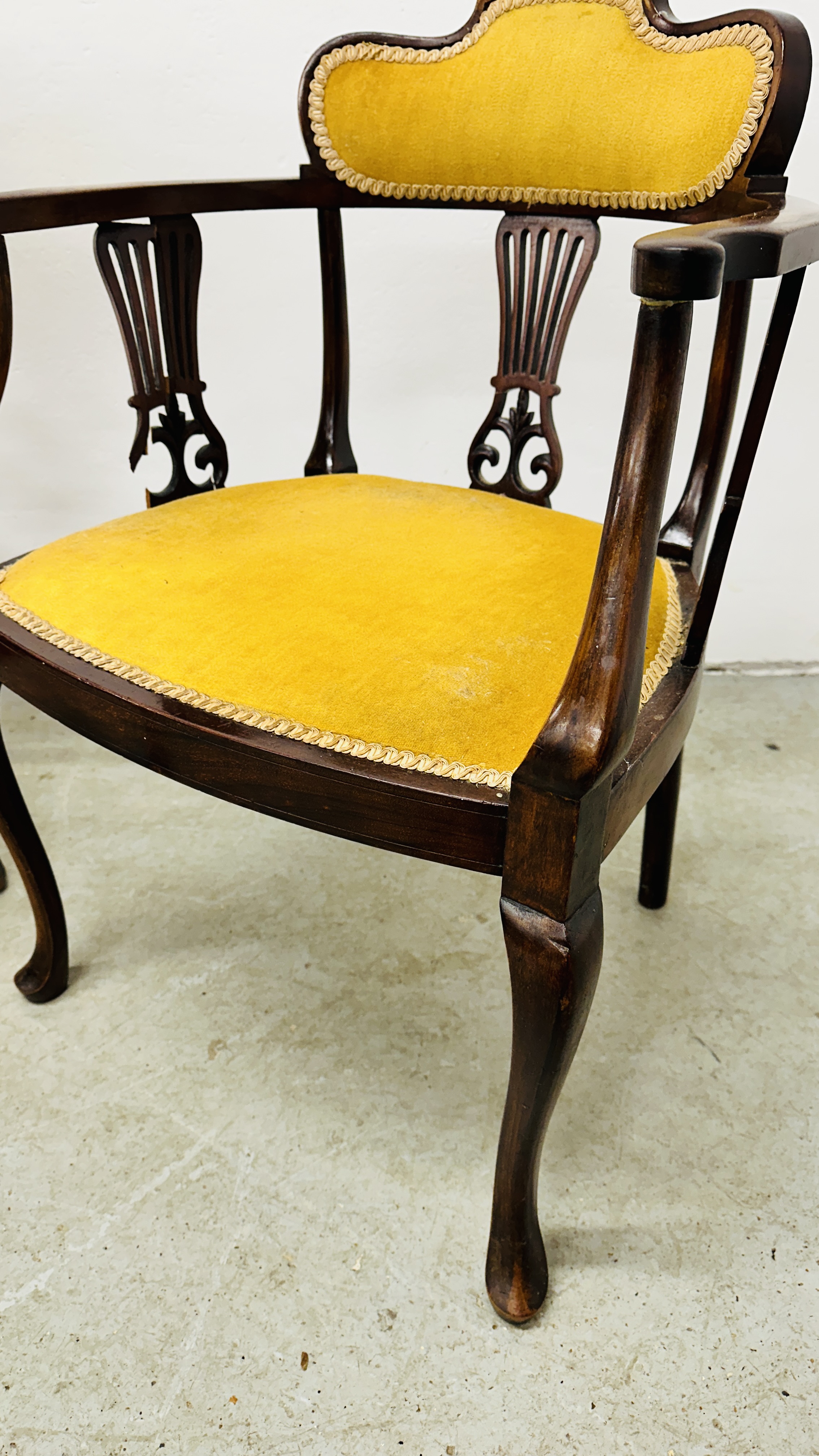 TWO ANTIQUE MAHOGANY SIDE CHAIRS WITH YELLOW UPHOLSTERED SEATS AND BACKS INCLUDING ELBOW WITH - Image 11 of 11