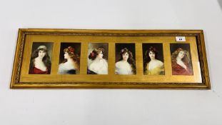 A SET OF 6 FRAMED AND MOUNTED FASHION PRINTS OF WOMEN - 70CM X 19CM.