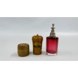 A TONBRIDGE WARE POT ALONG WITH A VINTAGE WOODEN CASKET AND CRANBERRY SCENT BOTTLE.