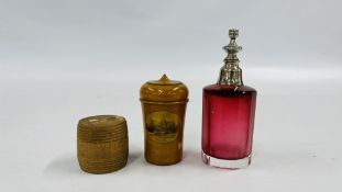 A TONBRIDGE WARE POT ALONG WITH A VINTAGE WOODEN CASKET AND CRANBERRY SCENT BOTTLE.