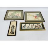 A GROUP OF JAPANESE WALL ART TO INCLUDE TWO SIGNED WATERCOLOURS - BIRD AND FOLIAGE STUDY EACH 31 X