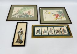 A GROUP OF JAPANESE WALL ART TO INCLUDE TWO SIGNED WATERCOLOURS - BIRD AND FOLIAGE STUDY EACH 31 X