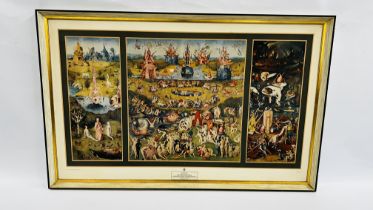 LARGE FRAMED HIERONYMUS BOSCH PRINT "THE GARDEN OF DELIGHTS" 60 X 106CM.