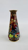 A DEVON LUSTRINE FIELDINGS ROUGE VASE DEPICTING A PEACOCK & FOLIAGE - H 22CM.